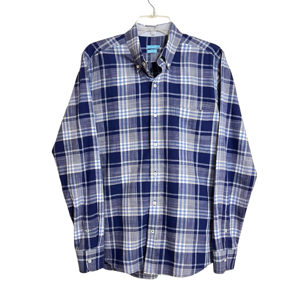 J. McLaughlin Mens Plaid Long Sleeve Button Down Shirt M Blue Classic Cotton